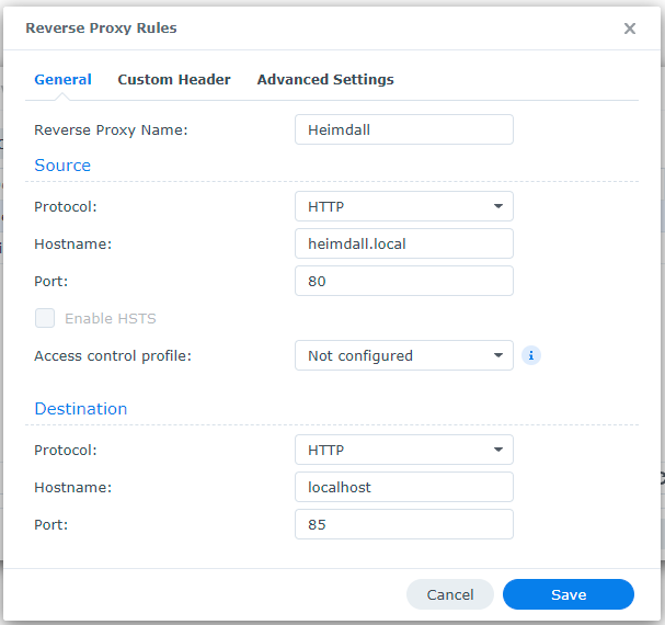 Heimdall Reverse Proxy Settings