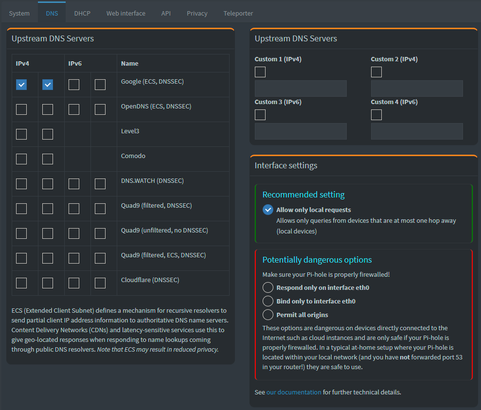 Pi-Hole DNS Settings